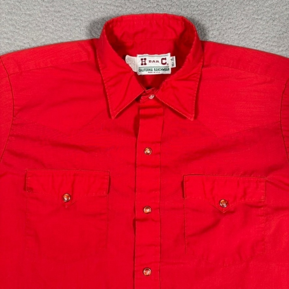 Vintage H Bar C Shirt Mens 16.5 35 Red Western Snap button‎ Cowboy Rodeo Pockets